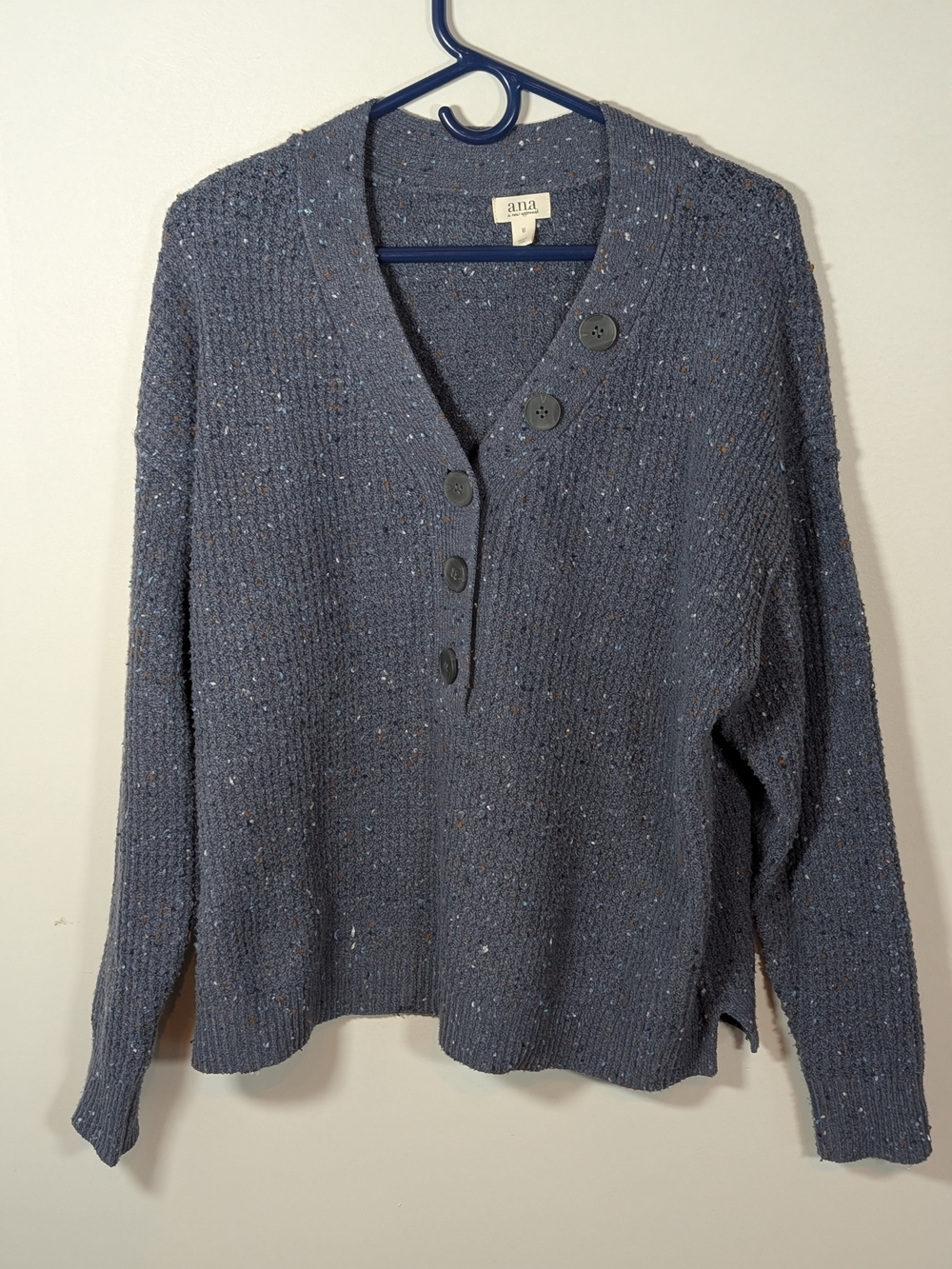 a.n.a Navy Blue Speckled V-Neck Henley Sweater